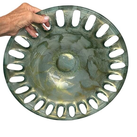 Vintage Recycled Glass Turquoise and Gold Large Bowl 16” - Picture 8 of 10